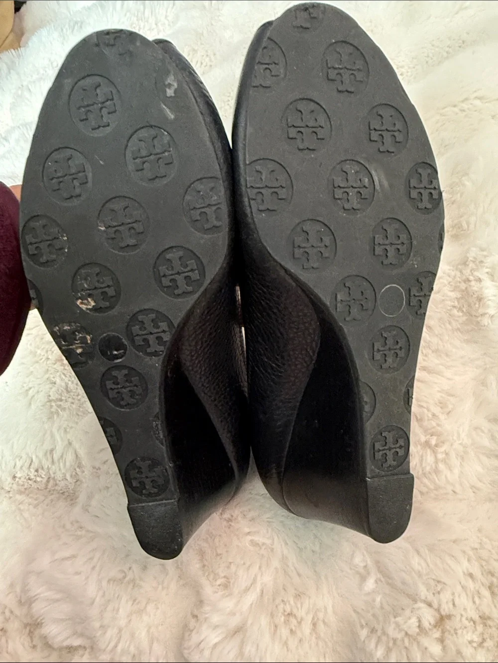 Tory Burch sally 2 peep toe  Black Leather Wedges with Silver Logo Medallion